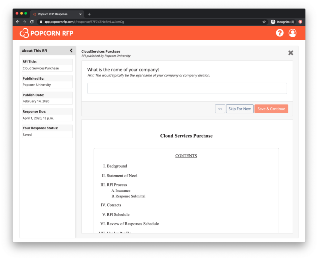 Shows the Popcorn RFP interface to create a response to an RFI